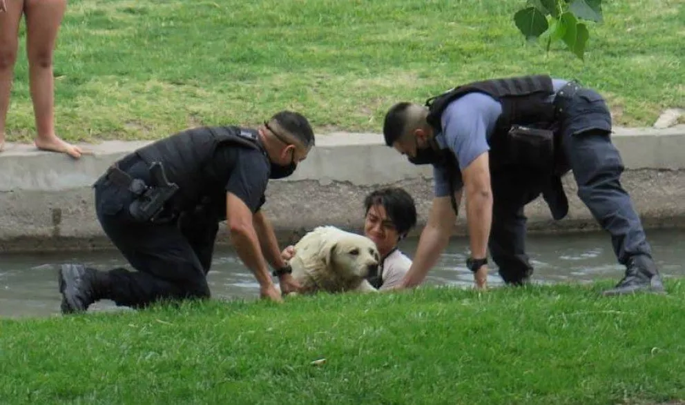 Un joven se tiró al canalito para rescatar a un perro